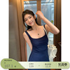 王少女的店蓝色短袖针织连衣裙2024夏季气质显瘦吊带方领长款裙子
