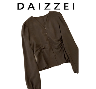 daizzei~早秋巧克力咖啡色高品质，抽褶v领衬衫女长袖百搭上衣