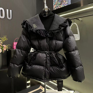 冬季高级感设计气质黑色时尚白鸭绒短款羽绒服娃娃领外套女潮