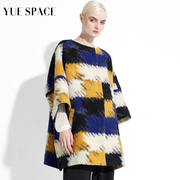 yuespace羊毛大衣时尚格子女毛呢，外套秋冬圆领中长款休闲七分袖