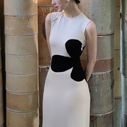 名媛风白色优雅冰丝连衣裙，新中式国风黑色，花朵改良气质包臀旗袍裙