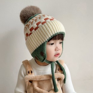 宝宝帽子秋冬款时尚，毛球款护耳针织帽冬季男童女孩，加厚保暖毛线帽