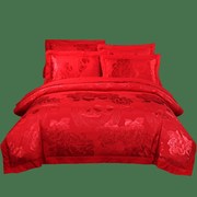 喜嫁大红色结婚床上用品，四件套纯棉贡缎，提花婚庆床单被套2.2x2.4