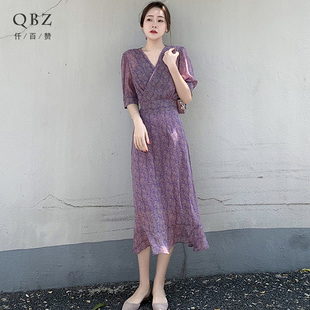 紫色碎花连衣裙女夏季气质雪纺v领显瘦法式复古长款短袖收腰长裙