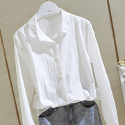 韩版棉麻白色衬衫女2023秋装宽松长袖衬衣上衣设计感小众全棉