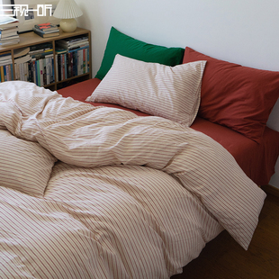 文艺风(文艺风)红绿撞色丨全棉，色织水洗棉四件套，丨纯棉床上床单被套六件套