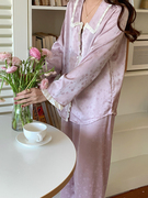 春夏冰丝显白紫色提花花卉开衫长袖长裤家居服套装法式睡衣