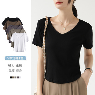 黑色t恤女短袖v领夏季显瘦简约舒适半袖纯色，打底衫修身上衣潮