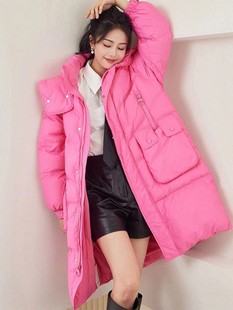 明星白鹿同款衣服粉红色羽绒棉服冬女款2022年中长款保暖外套