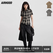 airhood新中式盘扣不规则，复古设计短袖衬衫，格子修身短款上衣女夏