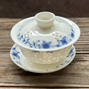 茶碗玲珑镂空盖碗手工，青花米通水晶三才碗茶具，蜂巢玲珑盖碗茶备
