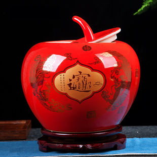 景德镇陶瓷器中国红苹果储物罐花瓶中式客厅，装饰品摆件结婚礼物