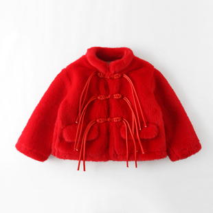 女童红色外套秋冬款儿童装毛毛衣(毛，毛衣)宝宝新年仿皮草短款大衣加厚上衣