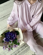 洛可可睡衣女长袖长裤婴儿，棉纱双层100%纯棉，紫色中式家居服小红书