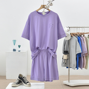 纯棉运动休闲短袖短裤套装，女夏天宽松2023夏季t恤两件套紫色