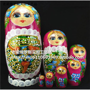 Z1俄罗斯美女套娃7层油娃烤漆三颗大草莓金丝缠绕粉色实椴木