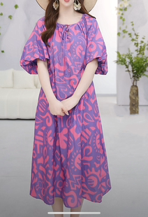FAFA裙AUM噢姆2024夏季紫色印花宽松版甜美风连衣裙M1EG23856
