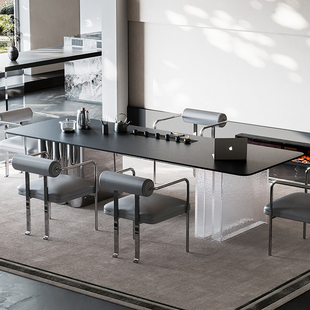 意式轻奢茶桌椅组合家用办公室不锈钢茶台现代简约亚克力岩板茶桌