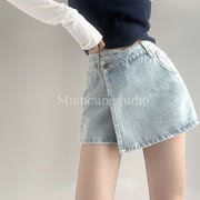 牛仔短裤女假两件高腰显瘦夏季韩版宽松个性阔腿牛仔裙裤