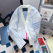 韩系学院风蓝色条纹v领毛衣女秋季宽松甜美温柔气质针织开衫外套