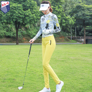 春秋季ZG6高尔夫女士服装球服女装时尚花长袖立领上衣黄色长裤子