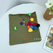 原创自制刺绣针织包流苏(包流苏，)花朵手工毛线，包手提包森系女包复古包袋