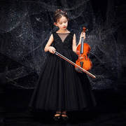 2022夏季 长款钢琴小主持人演出服欧美裙黑色女公主生日儿童礼服