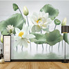 新中式白色莲花电视背景墙布5d水墨荷花沙发墙纸，整张粉色荷花壁画