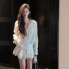 fairyjiang夏季白色衬衫连衣裙收腰绑带蛋糕裙短裙，含吊带背心