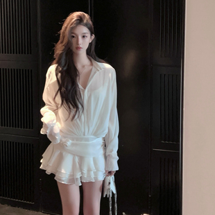 fairyjiang夏季白色衬衫连衣裙，收腰绑带蛋糕，裙短裙含吊带背心