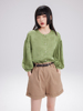 hesheme原创设计绿色，暗提花竹叶圆领，缎面中袖衬衫