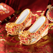 中式秀禾服婚鞋重工，古风增高红色新娘，明制汉服结婚绣花鞋女小个子