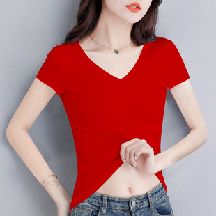 大红色v领短袖t恤女2023夏季纯棉，修身鸡心领体恤纯色半袖上衣