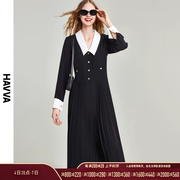 HAVVA2024春季长袖连衣裙女黑色衬衫裙子气质法式百褶裙Q9498