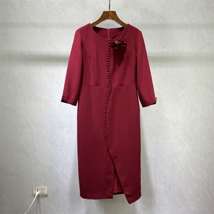 高端设计感不规则开叉红色连衣裙，女2023秋季气质优雅礼服裙子