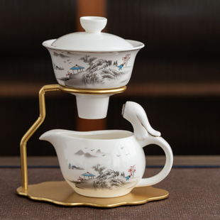 陶瓷全自动懒人茶具磁吸出水羊脂玉，功夫茶具盖碗，茶杯套装家用防烫