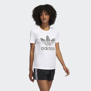 Adidas/阿迪达斯女短袖T恤半截袖圆领豹纹图案修身白色夏季
