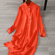 外贸订单 40姆米重绉真丝气质衬衫领长袖连衣裙侧开叉桑蚕丝长裙