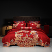 龙凤刺绣结婚高端家纺床上用品，中式全棉新婚庆(新婚庆)四件套大红色长绒棉