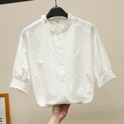 纯棉白色衬衣女七分袖2023夏装镂空刺绣花衬衫立领宽松蕾丝上衣仙