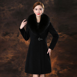 妈妈装秋冬真狐狸毛领羊绒，大衣女士中长款修身显瘦羊毛呢外套