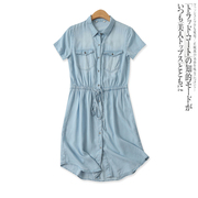 天丝衬衫裙夏季外贸女装百搭系带显瘦单排扣短袖连衣裙15532