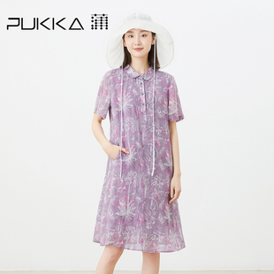 蒲PUKKA原创设计女装夏季苎麻艺术感印花显瘦衬衫连衣裙