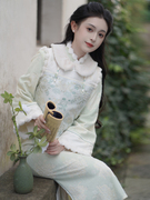 绿色羽毛纱蕾丝加绒旗袍2023冬季新中式国风少女保暖马甲旗袍套装