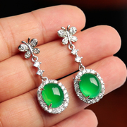 翠绿色玉髓耳坠子天然玉石，耳饰钻石镶嵌耳钉椭圆形，耳环时尚女款