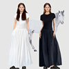 graga法式赫本风针织拼接气质，白色短袖连衣裙，女高级感收腰长裙子