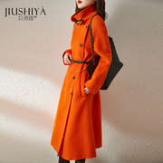 橘色双面羊毛大衣女冬季橙色立领中长款腰带高端外套品牌