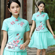 夏季旗袍年轻款少女中国风中式绣花唐装上衣裙子两件套民国风茶服