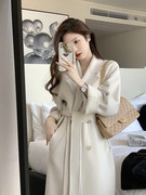 米白色羊绒大衣女洋气2023冬季韩系中长款加厚白鸭绒毛呢外套