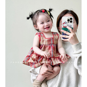 ins2024夏季女童背心套装婴幼儿，韩版格子吊带上衣，花苞短裤两件套